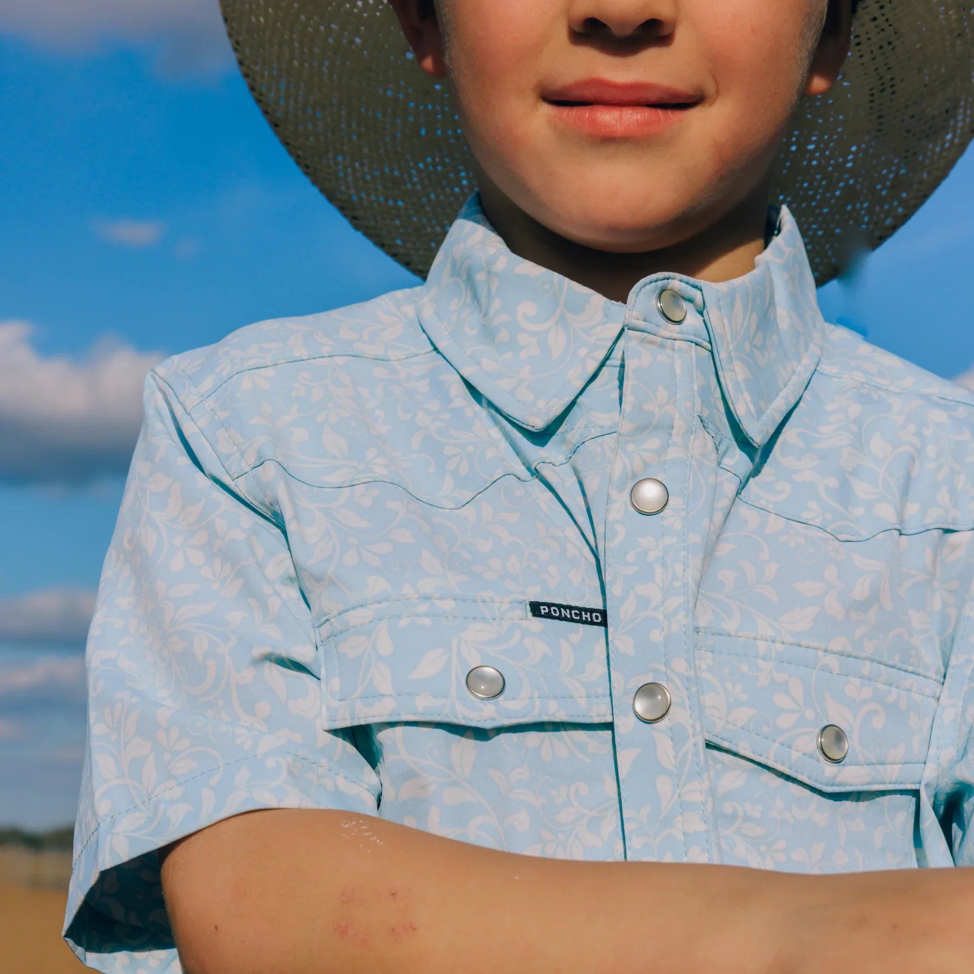 Boy's Poncho "The Alma" Blue Short Sleeve Floral Print Snap Shirt
