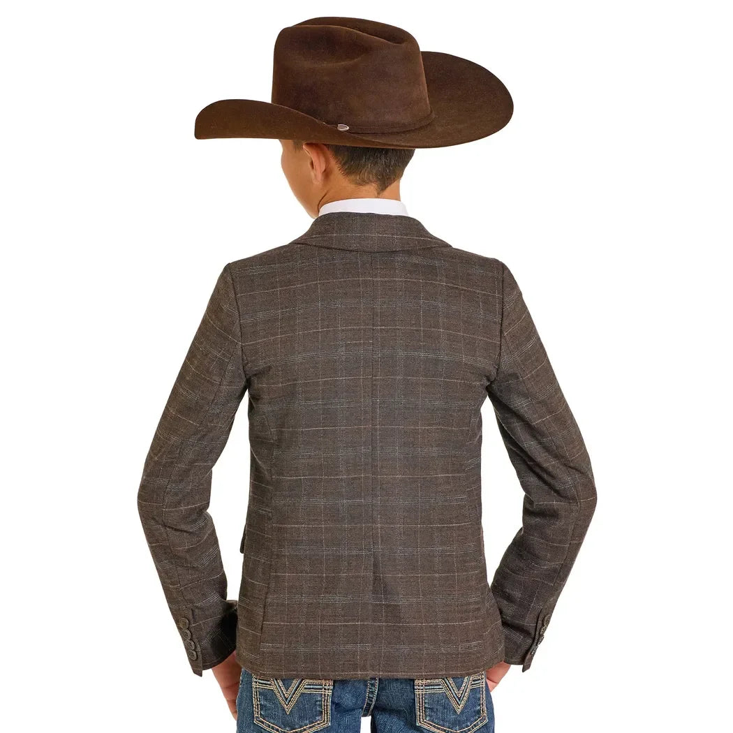 Boy's Rock and Roll Denim Brown Plaid Sports Coat BB96C07383