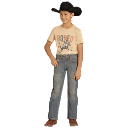 Boy's Rock and Roll Denim Medium Wash Ladder Stitch Embroidered Bootcut Denim Jeans BB0BD08049
