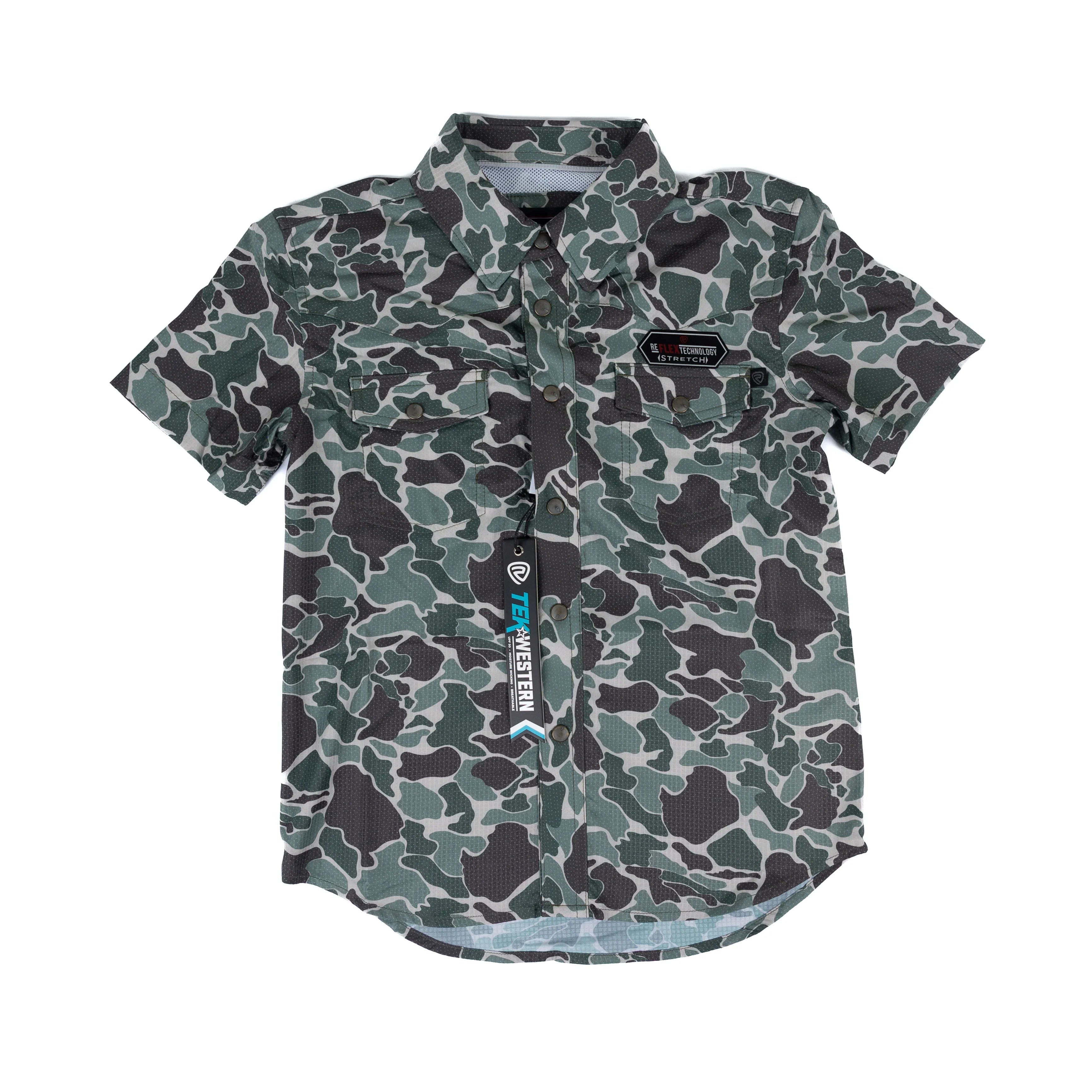 Boy's Rock and Roll Denim Olive Camo Tek Short Sleeve Western Shirt BBN3S08395