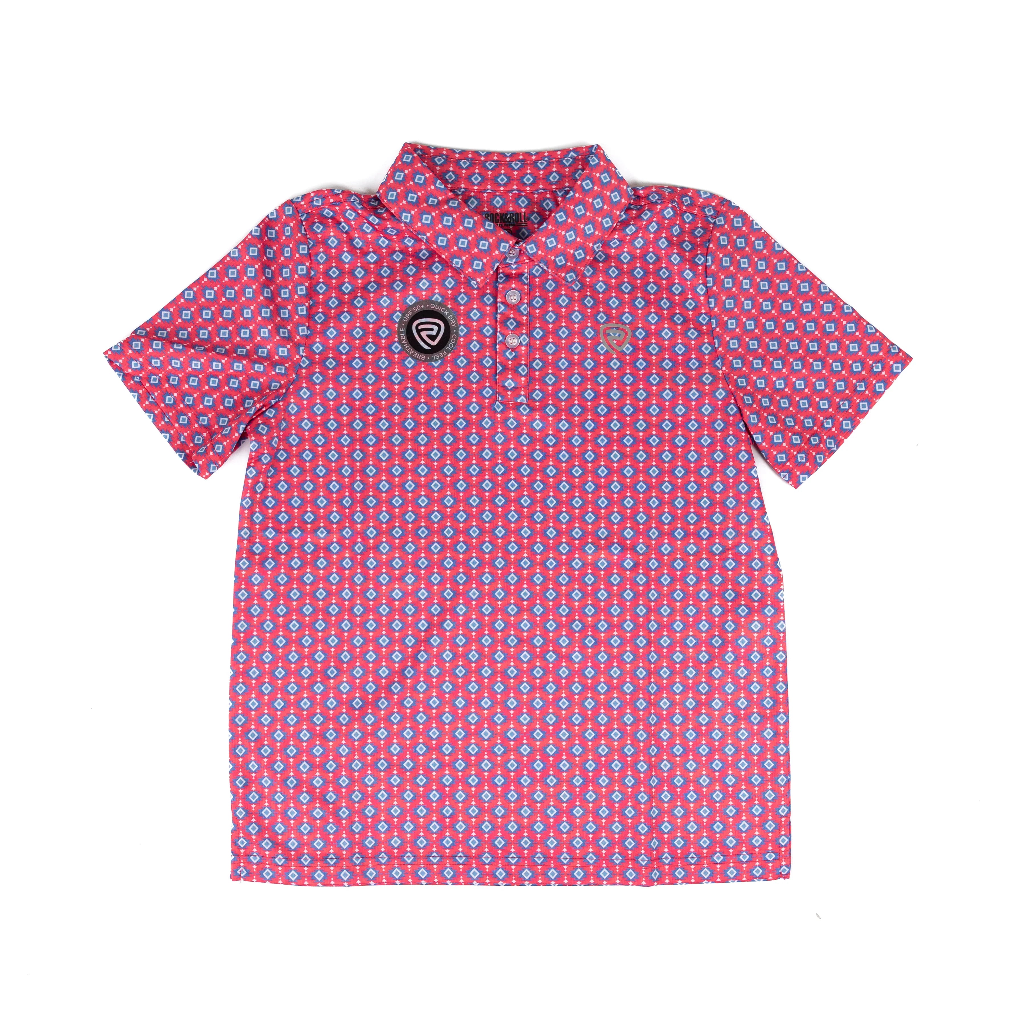 Boy's Rock and Roll Denim Pink and Blue Geo Print Polo BB51T08714