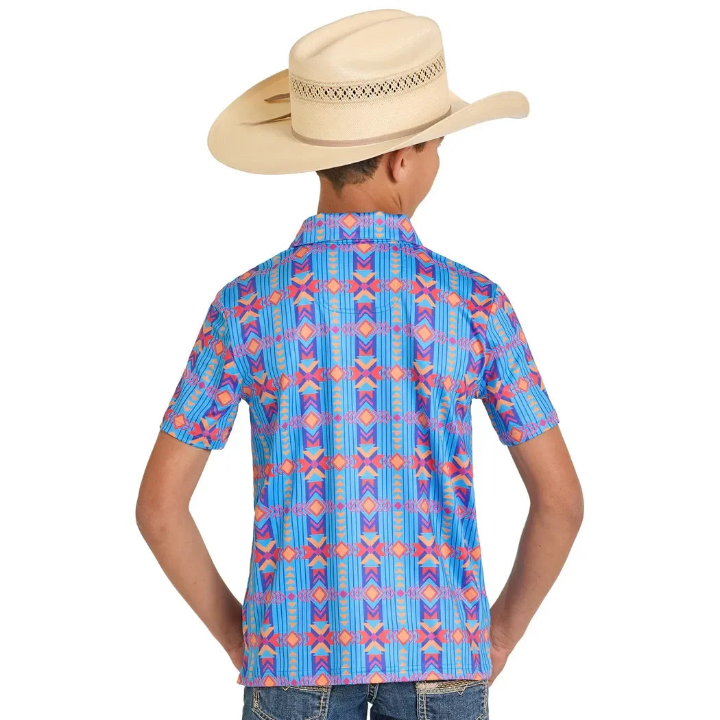 Boy's Rock and Roll Denim Vertical Southwestern Print Polo BB51T08340