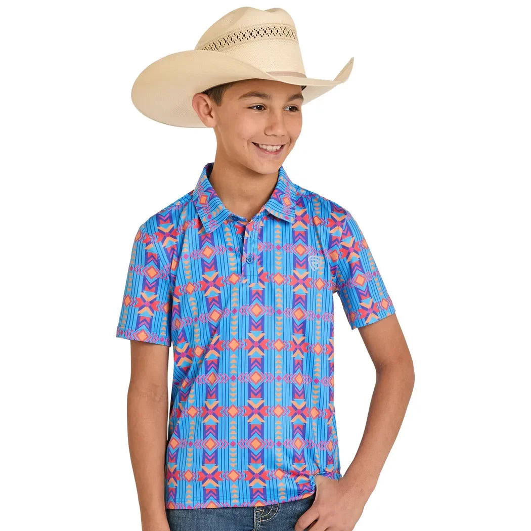 Boy's Rock and Roll Denim Vertical Southwestern Print Polo BB51T08340