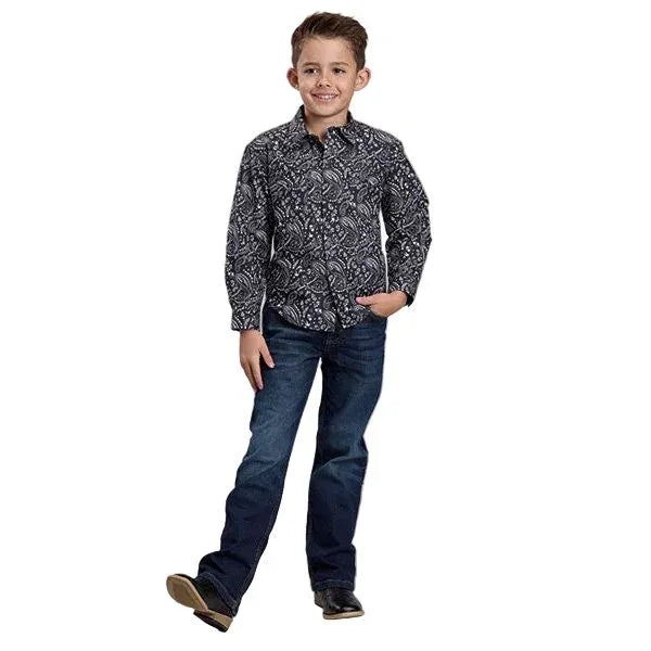 Boy's Roper Black Long Sleeve Allover Print Snap Shirt 03-030-0064-0330