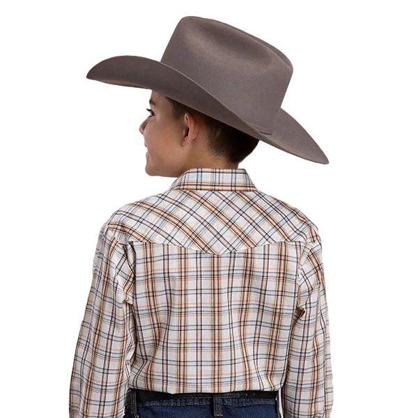 Boy's Roper Long Sleeve Cream and Orange Woven Plaid Snap Shirt 01-030-0101-2024