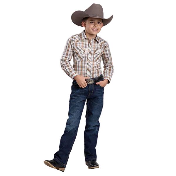 Boy's Roper Long Sleeve Cream and Orange Woven Plaid Snap Shirt 01-030-0101-2024