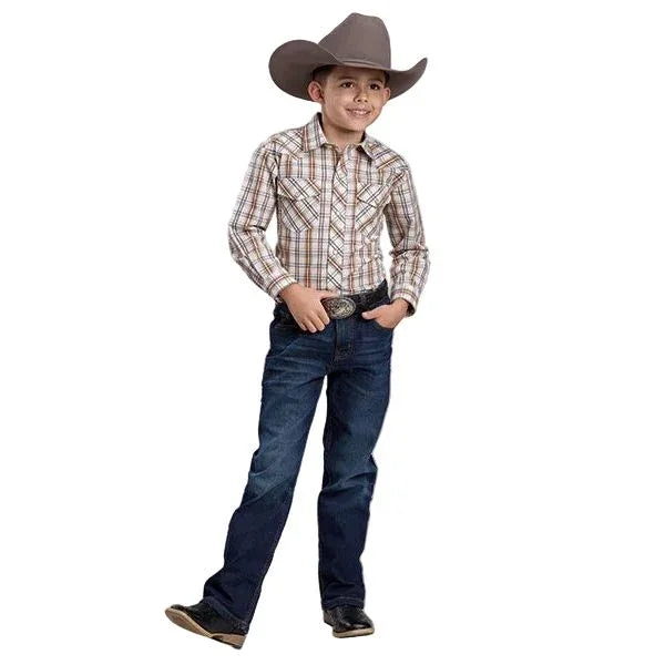 Boy's Roper Long Sleeve Cream and Orange Woven Plaid Snap Shirt 01-030-0101-2024