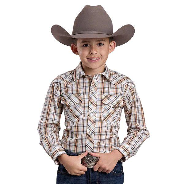 Boy's Roper Long Sleeve Cream and Orange Woven Plaid Snap Shirt 01-030-0101-2024