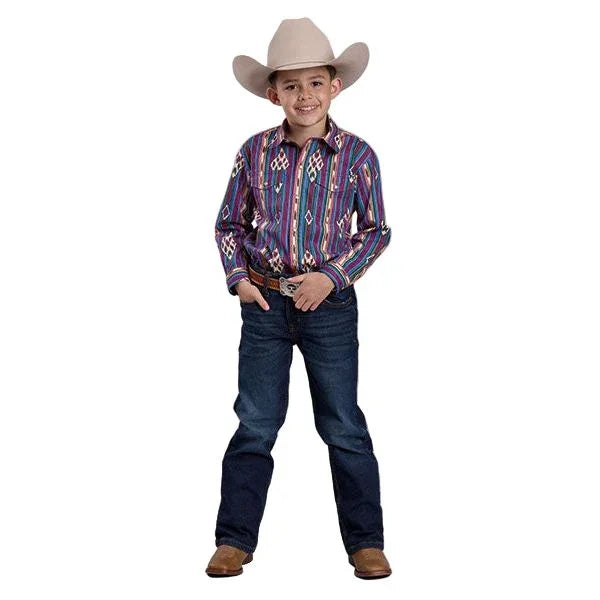 Boy's Roper Long Sleeve Snap Printed Vertical Design Shirt 03-030-0485-0100