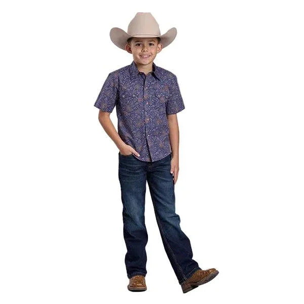 Boy's Roper Short Sleeve Blue Allover Printed Snap Shirt 03-031-0064-0328
