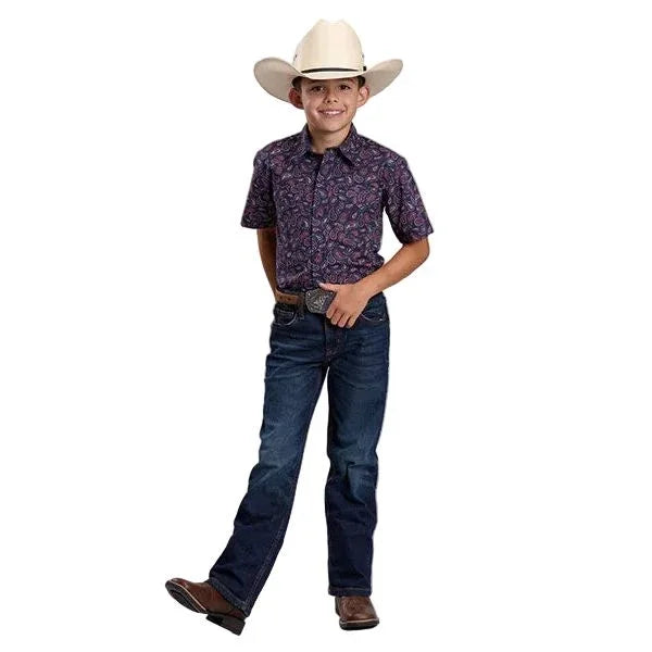 Boy's Roper Short Sleeve Blue Paisley Printed Snap Shirt 03-031-0064-0477