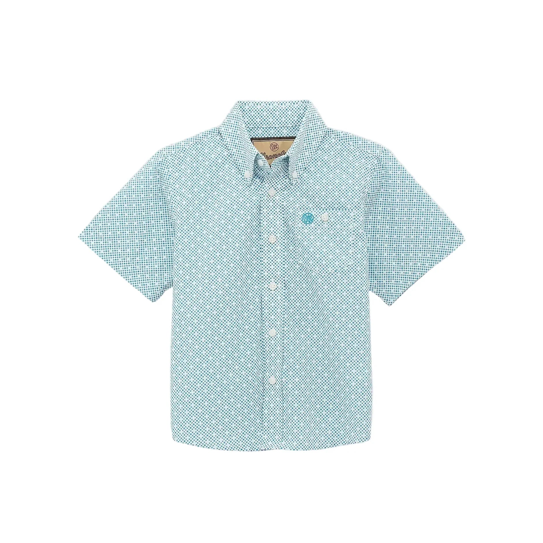 Boy's Wrangler Teal Geo Print Classic Short Sleeve Button Down Shirt 112379163