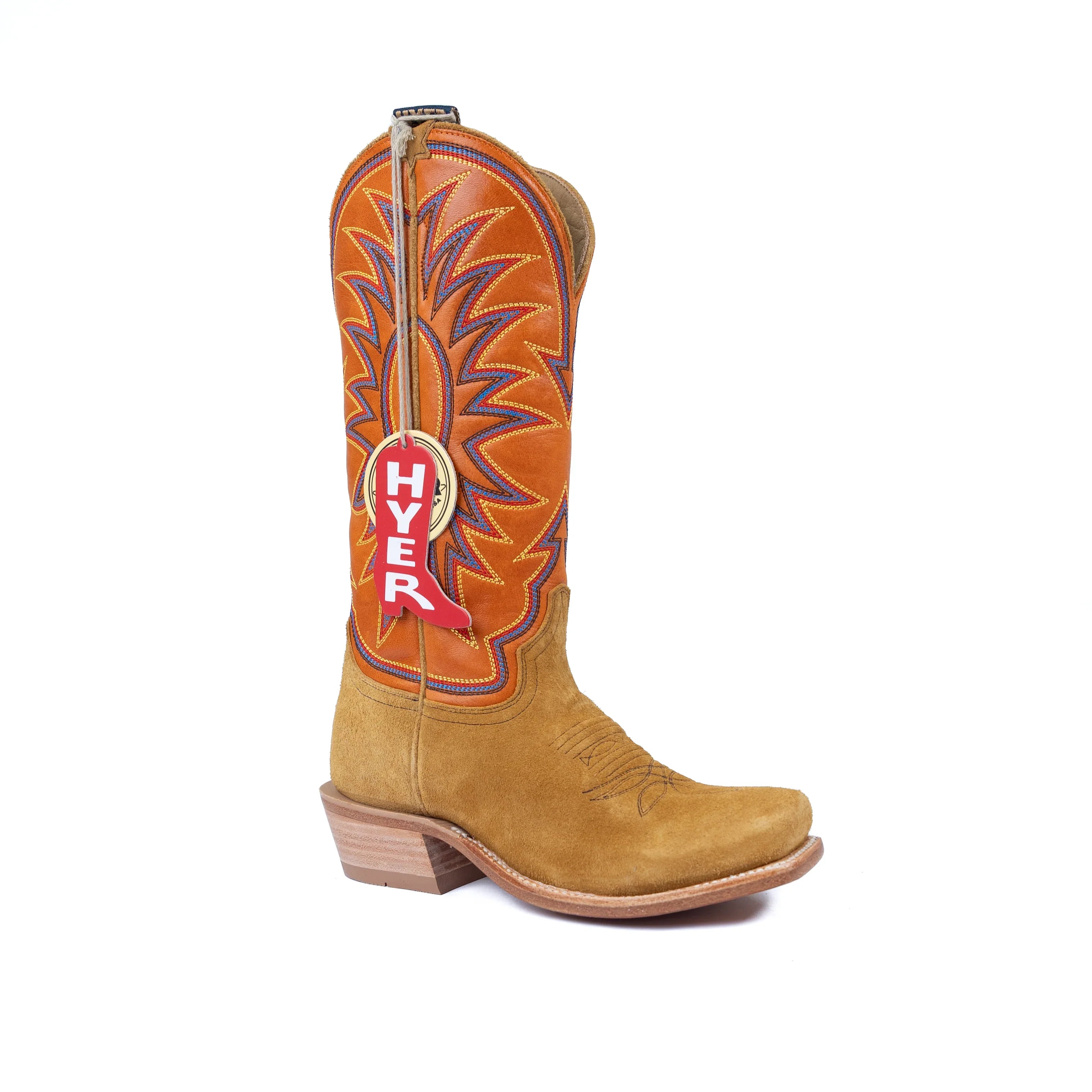 Brown cowboy boot with decorative stitching on a white background