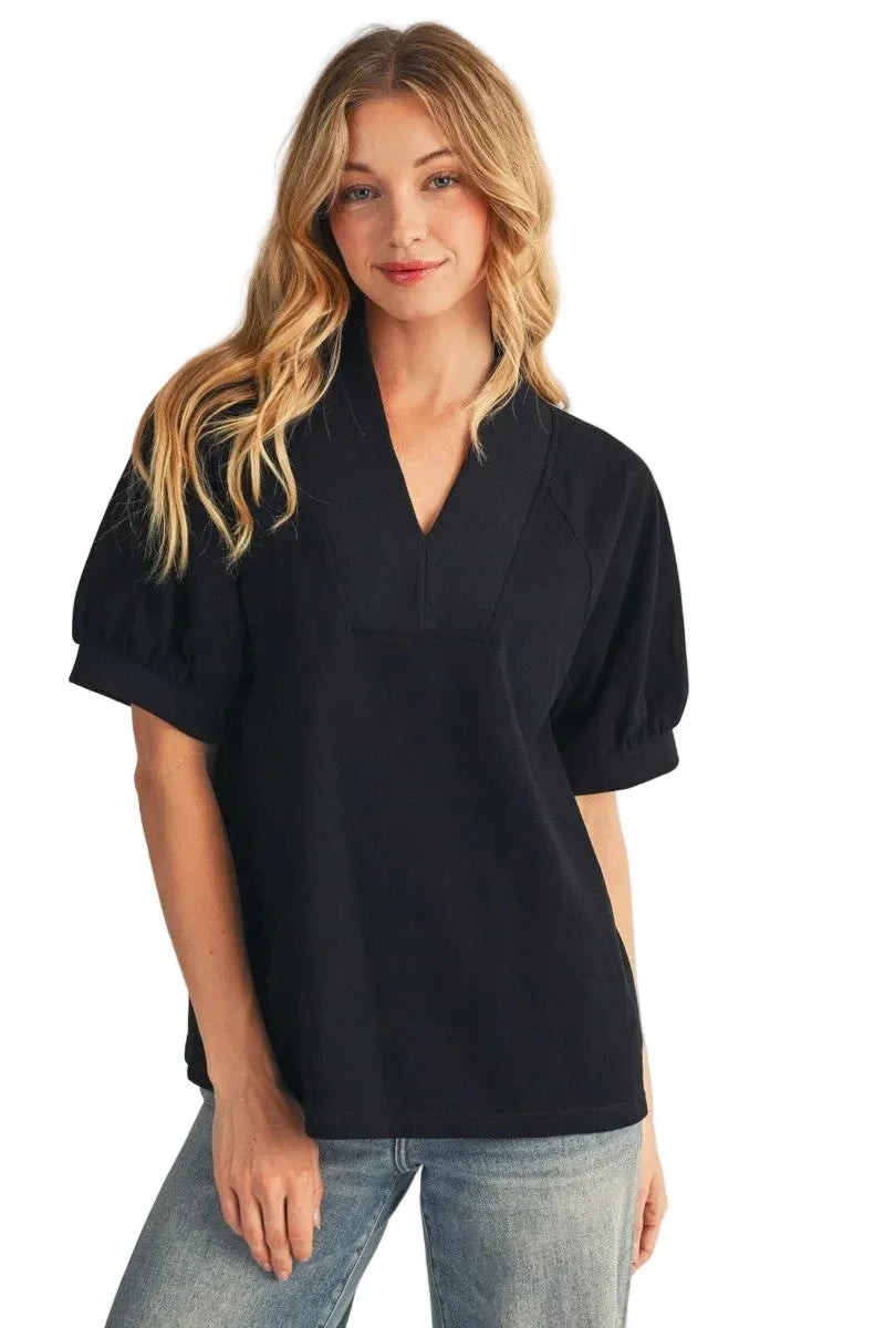 Women's Jodifl Black Rib Contrast V Neck Solid Top