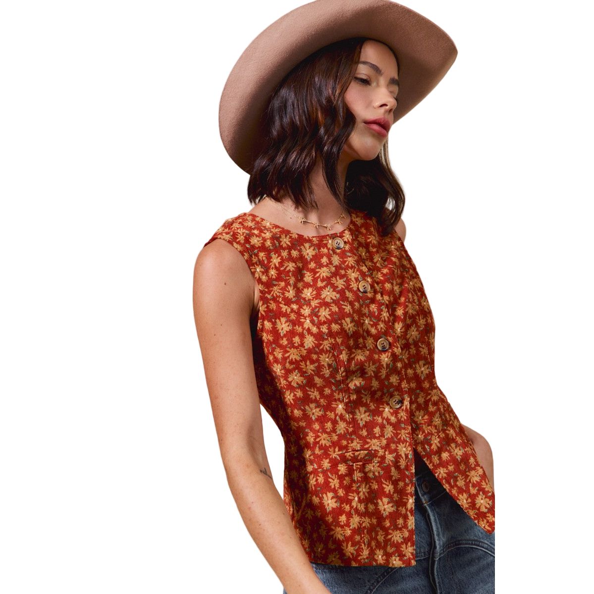 Women's Slim Fit Button Front Floral Corduroy Vest Top ST2710F-05