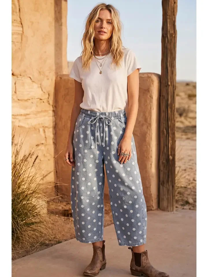 Women's Light Denim Polka Dot Denim Barrel Pants
