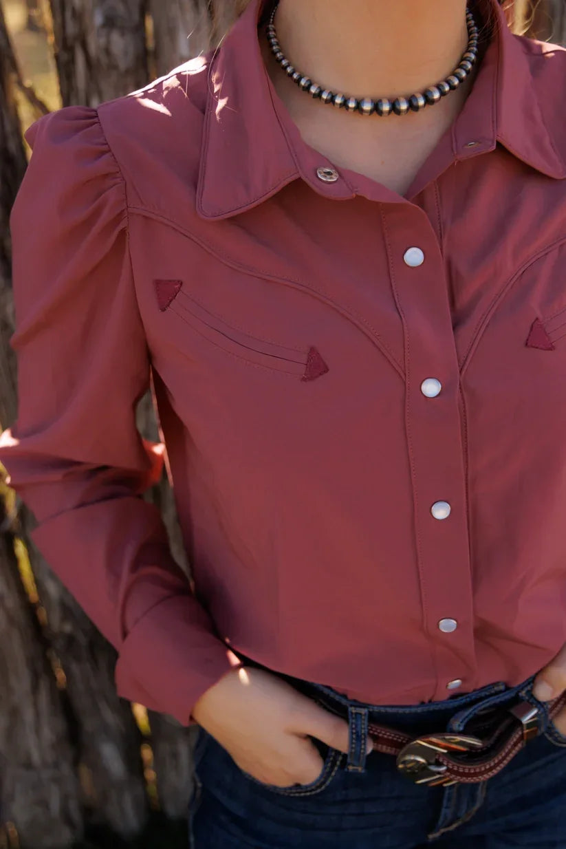 Howdy Hanny Women's Wine Long Sleeve Performance Snap Shirt