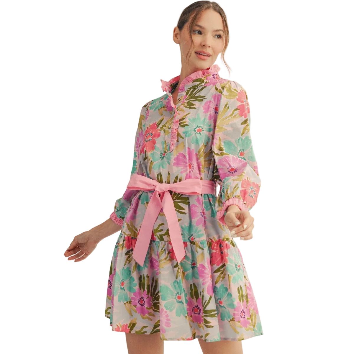 Women's Pink Mix Waist Tie Floral Tiered Dress M50180