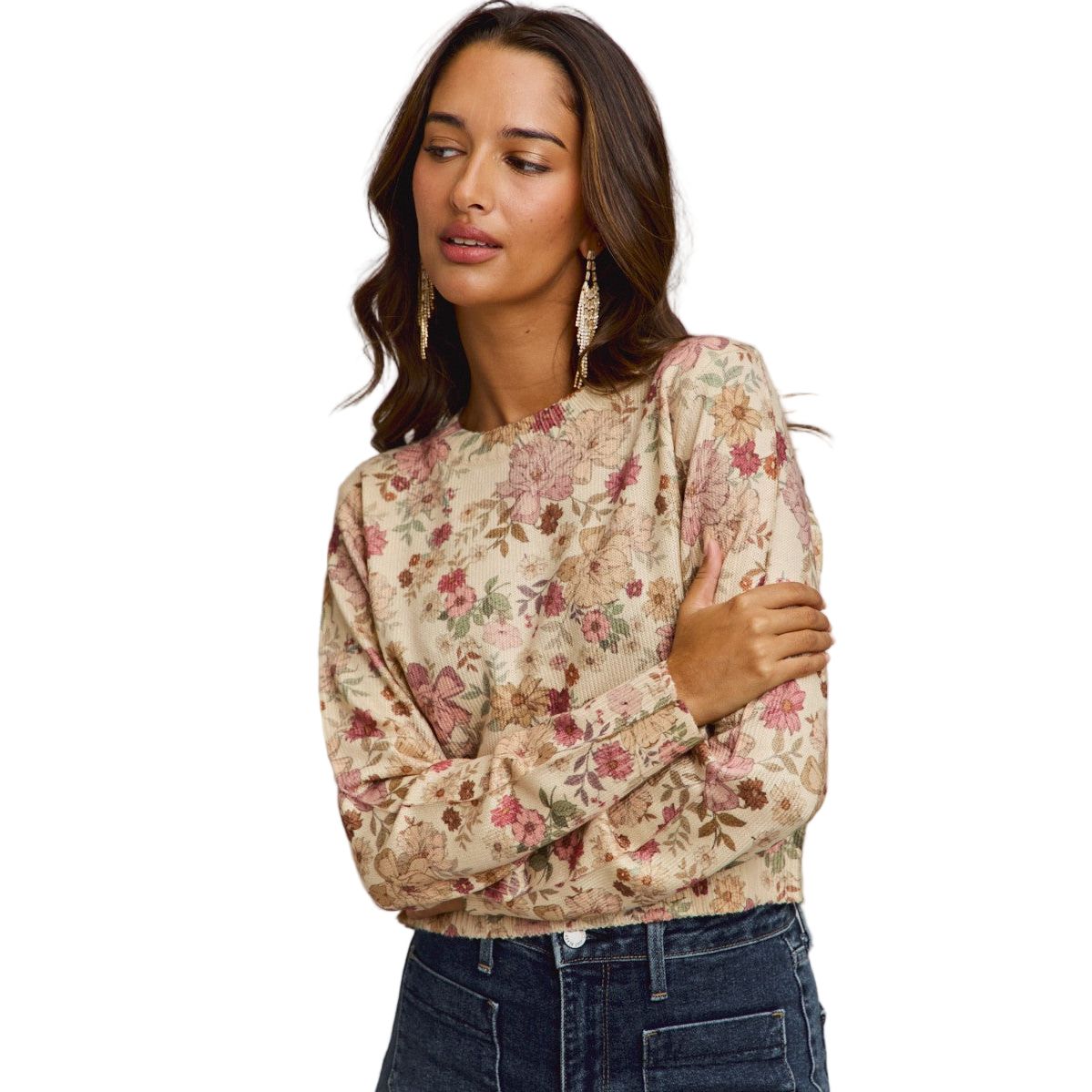 Women's Floral Crew Neck Long Sleeves Sweater Knit Top ST3677F-01
