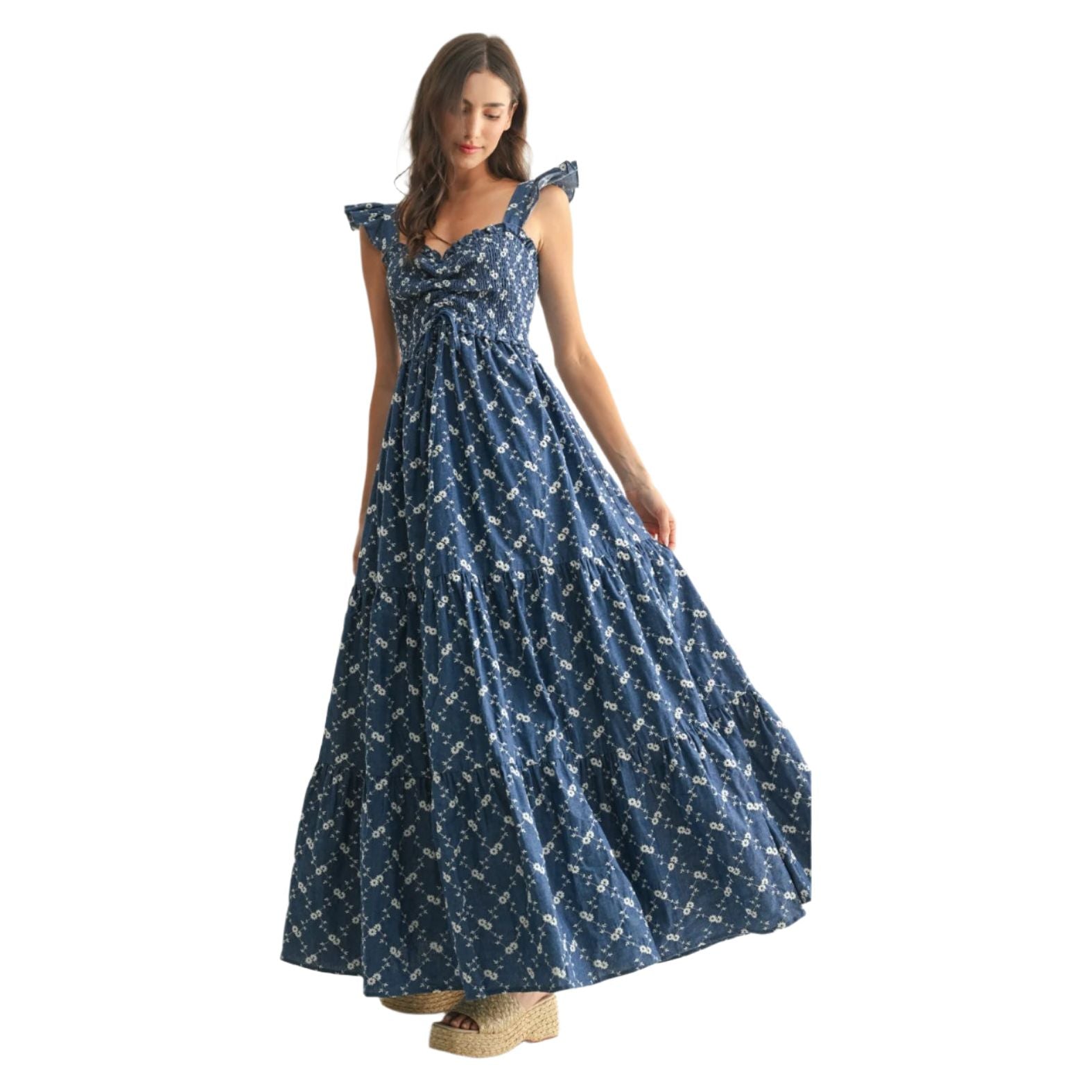 Women's Denim Floral Maxi Dress - Crazy House Western Wear