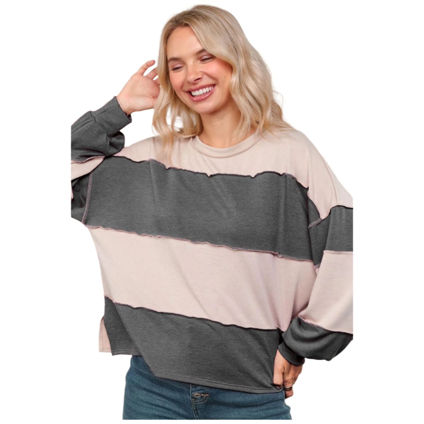 Women's Color Block Loose Fit Pullover Knit Top HT7165A - Crazy House Western Wear