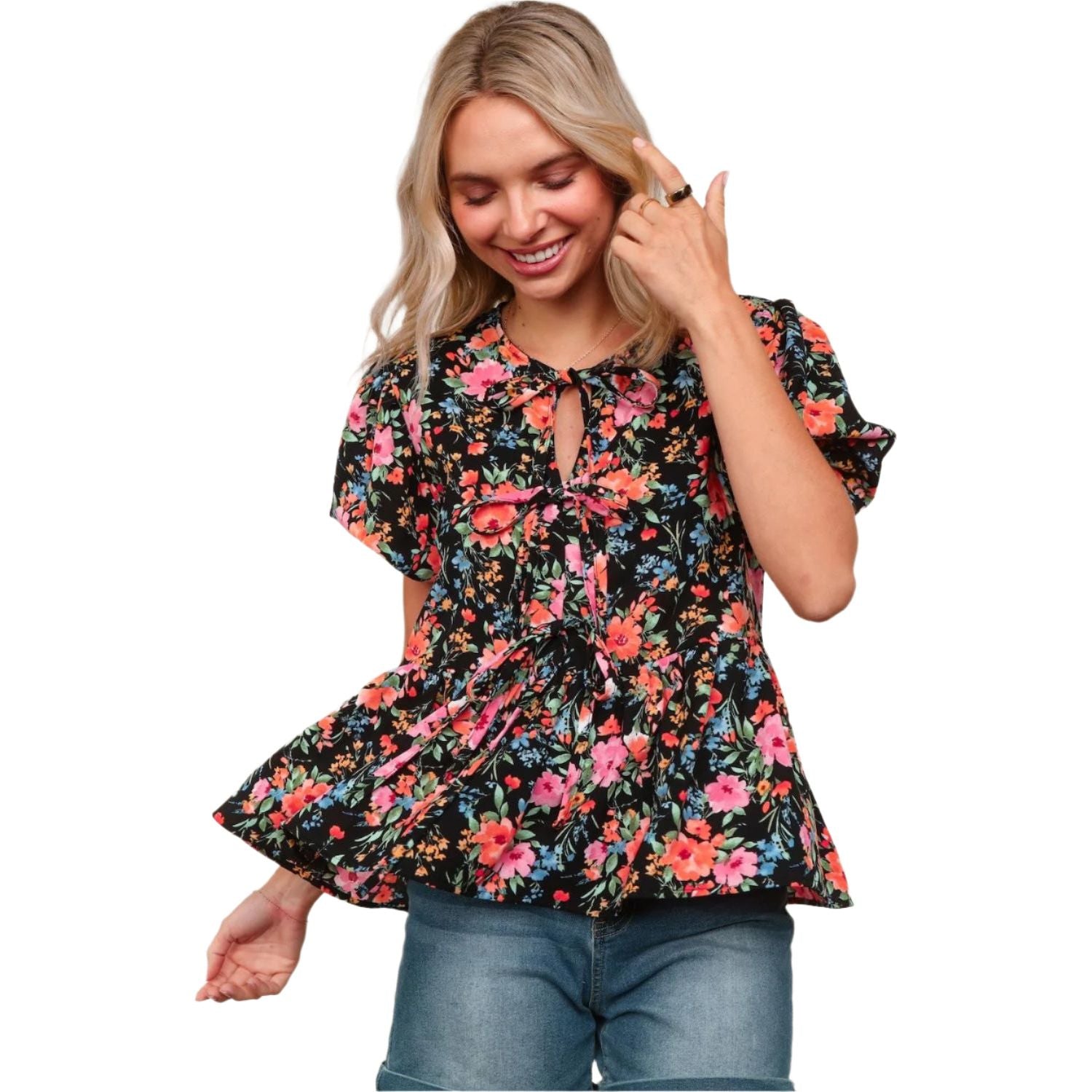 Women's Floral Woven Blouse With Front Ribbon Bow Tie HT4947M - Crazy House Western Wear