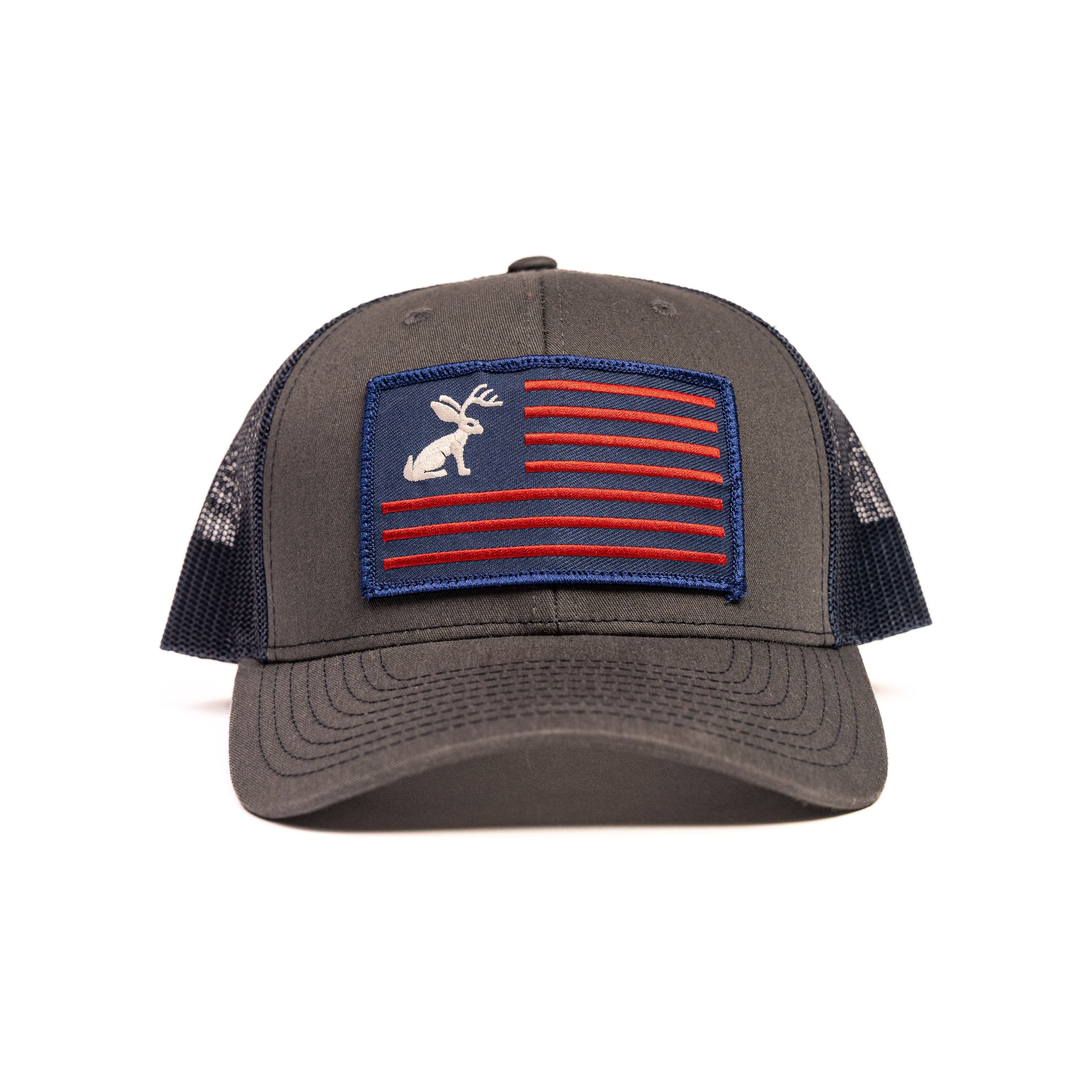 Charcoal and Navy Snapback with Jackelope Flag Patch - Crazy House Western Wear