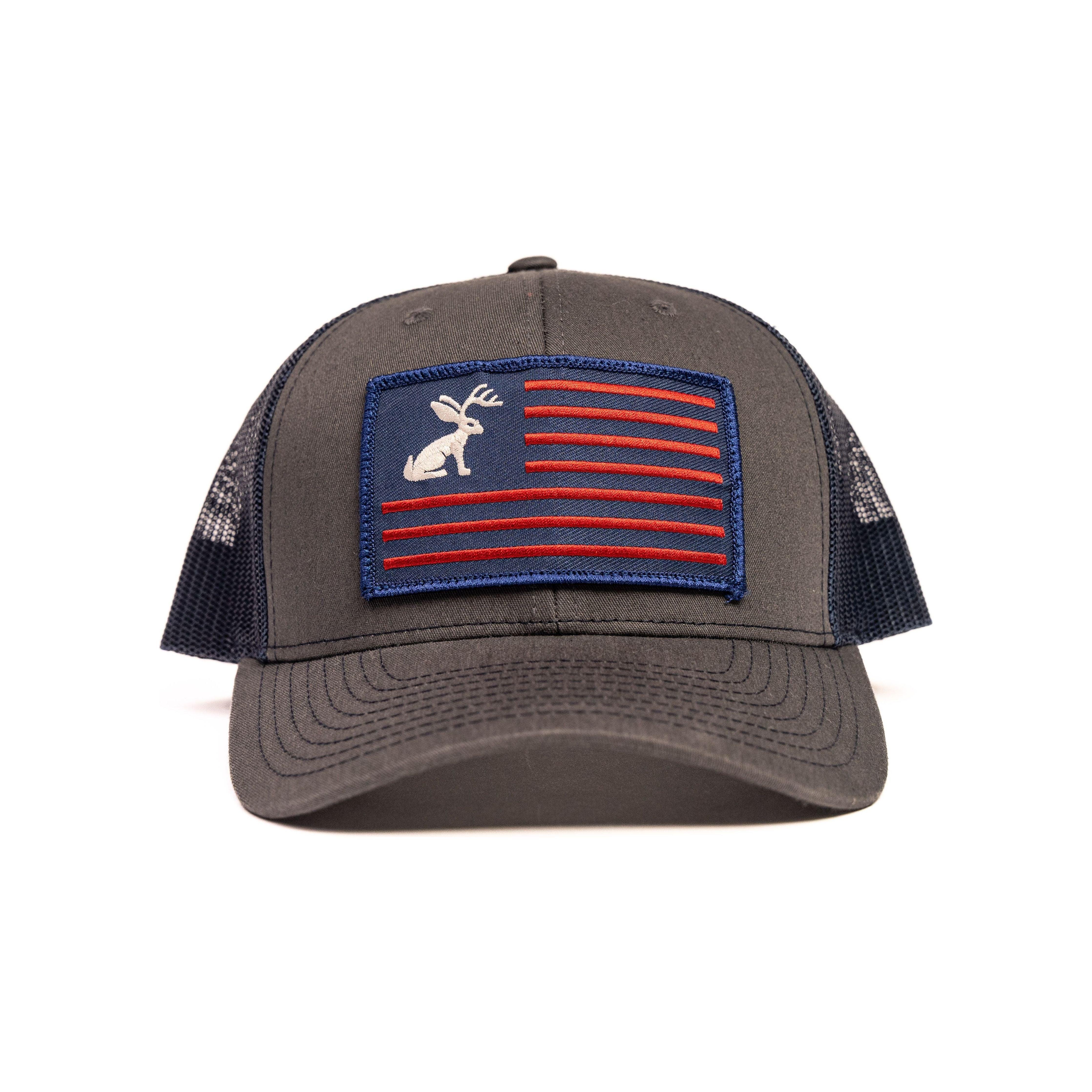 Charcoal and Navy Snapback with Jackelope Flag Patch - Crazy House Western Wear
