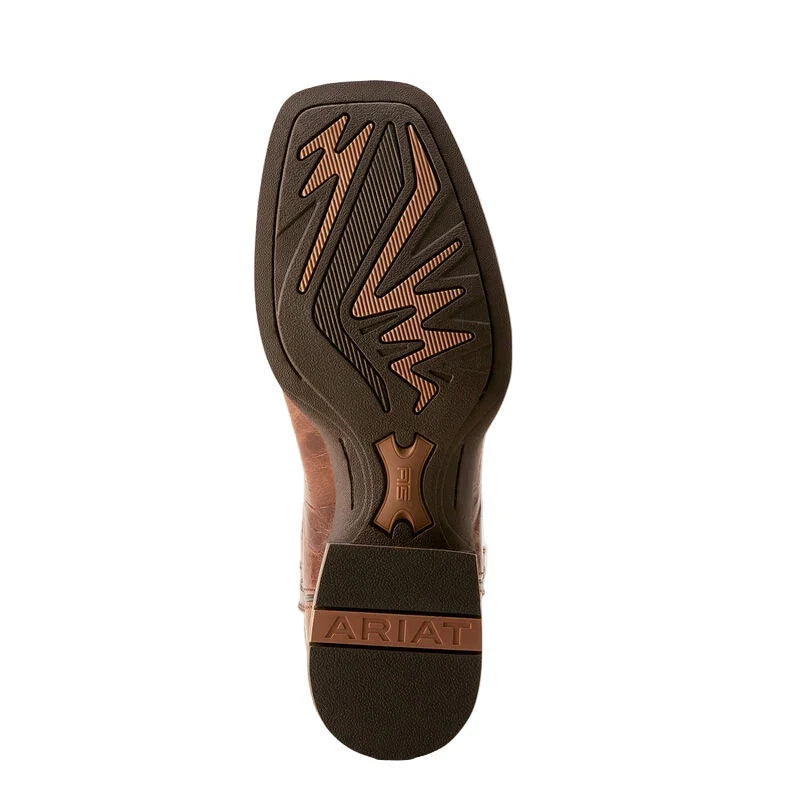 Close-up of a brown boot sole with Ariat branding on a beige background