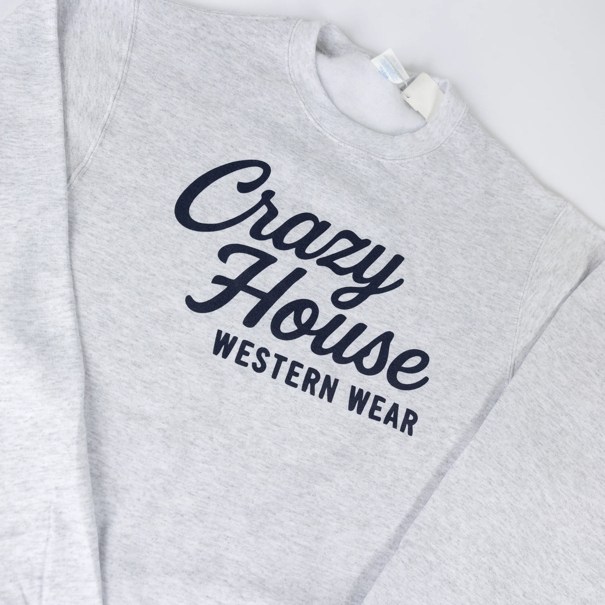 Crazy House Ash Gray Crewneck with Navy Print