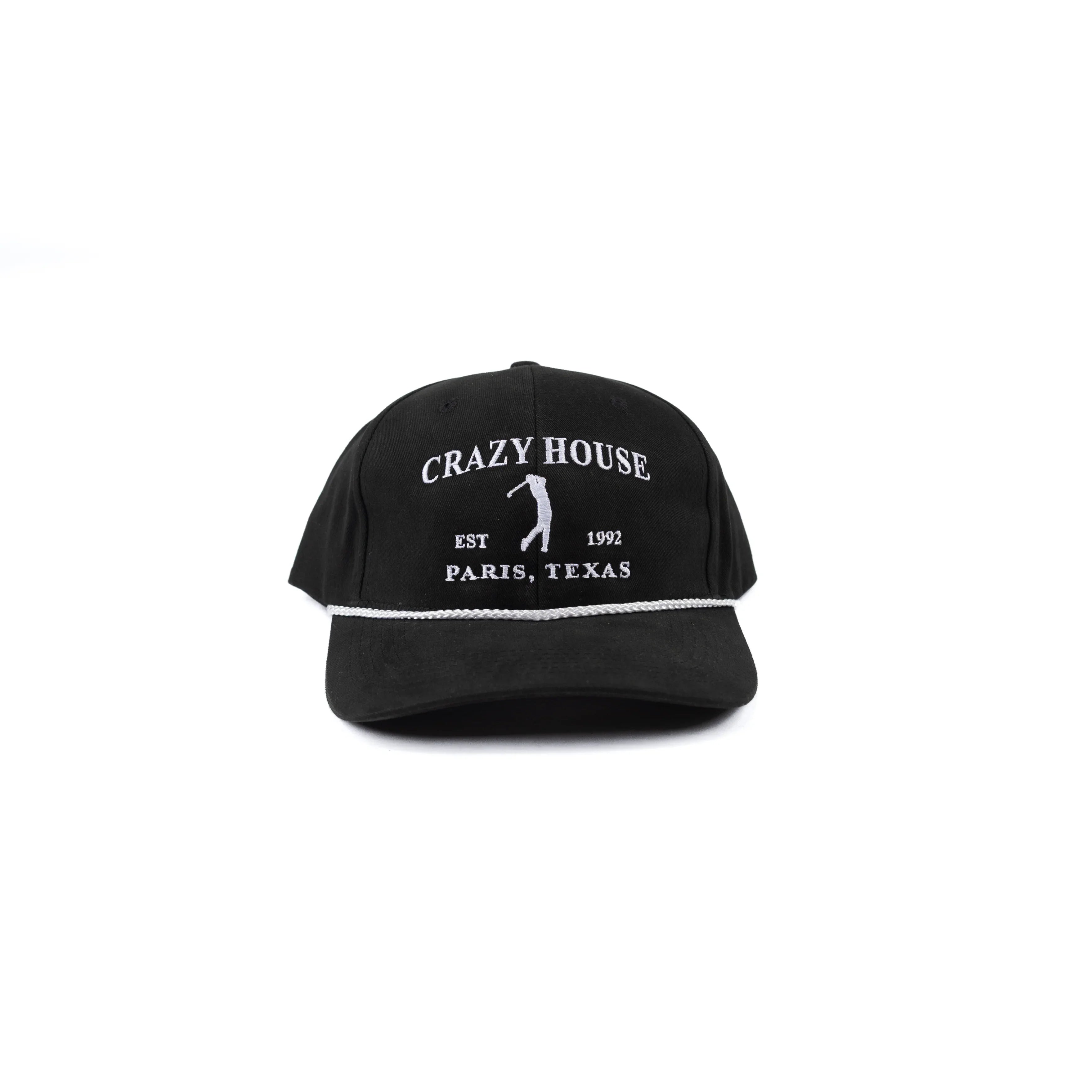 Crazy House Black Cap with White Golfer Stitching and Rope