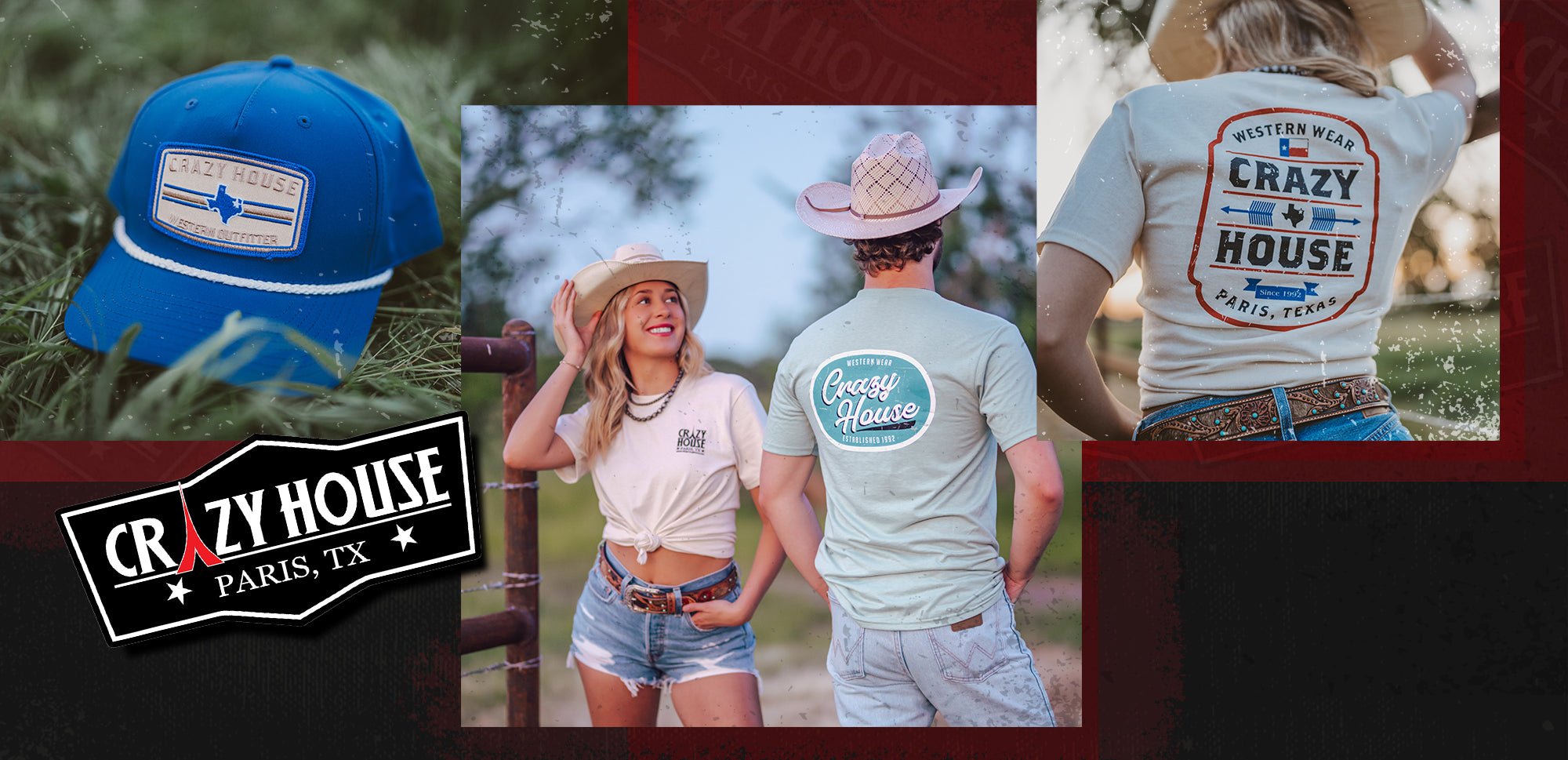 Collage of people wearing 'Crazy House' branded clothing and accessories with a focus on branding.