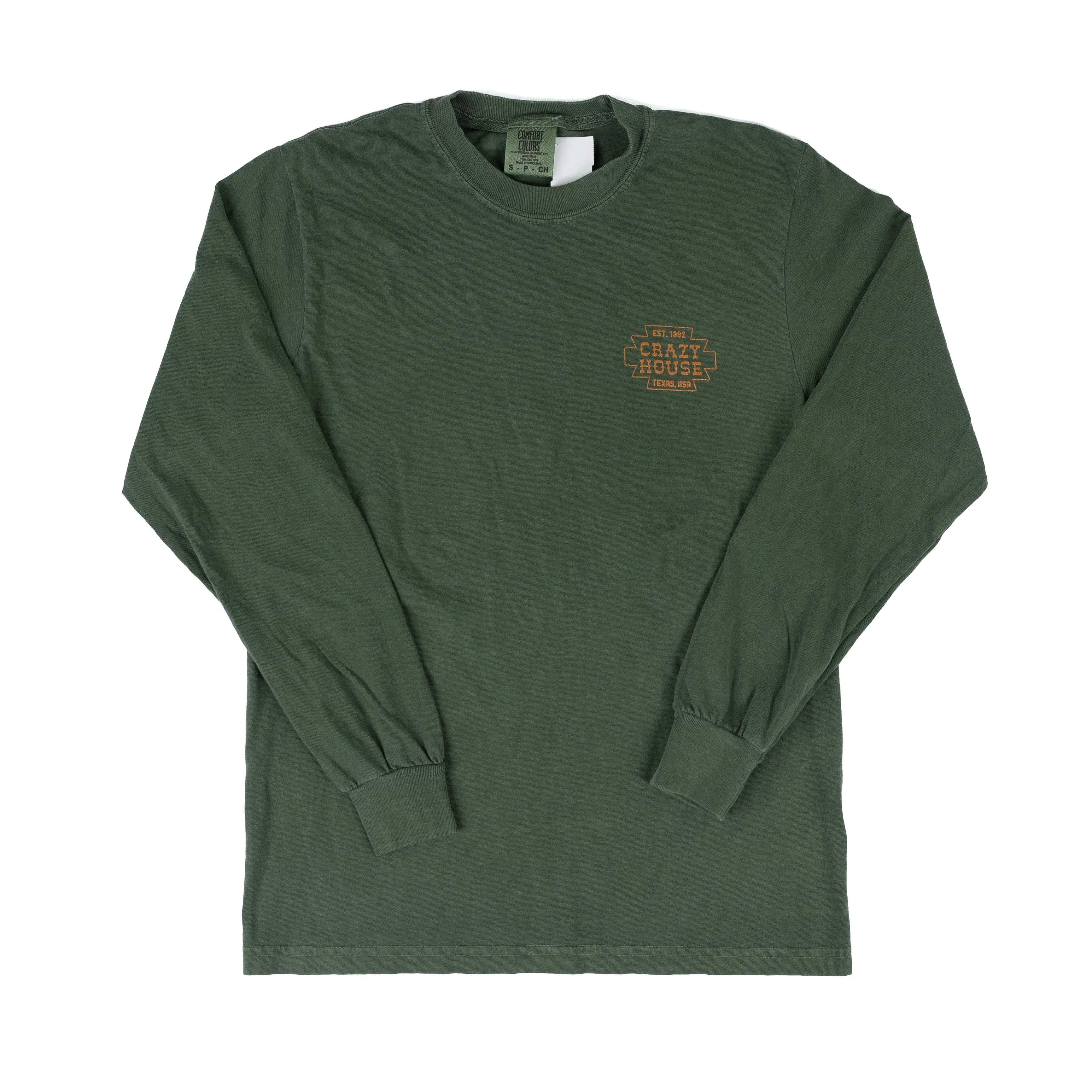 Crazy House Long Sleeve Shirt Green with Orange Aztec Print