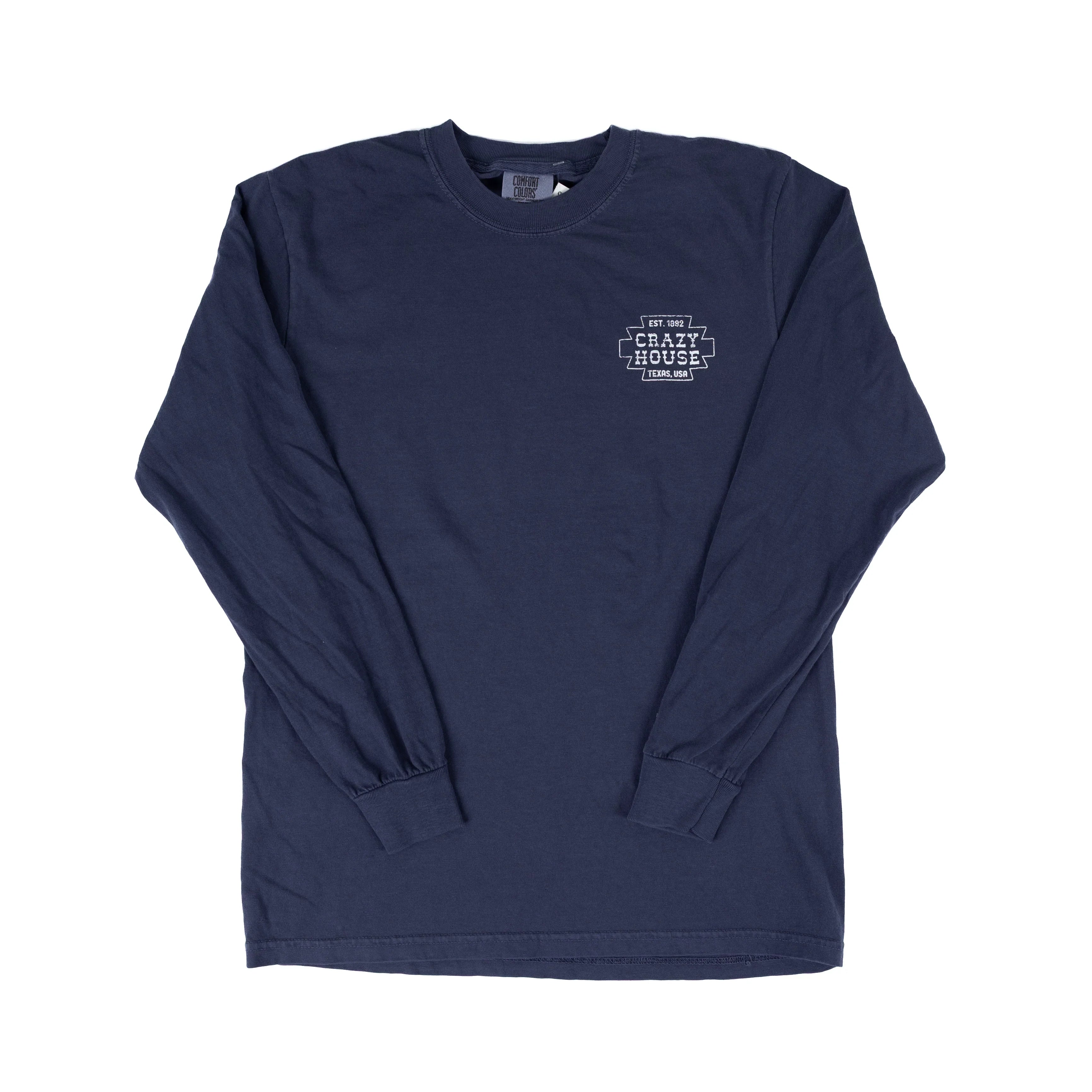 Crazy House Long Sleeve Shirt Navy with White Aztec Print