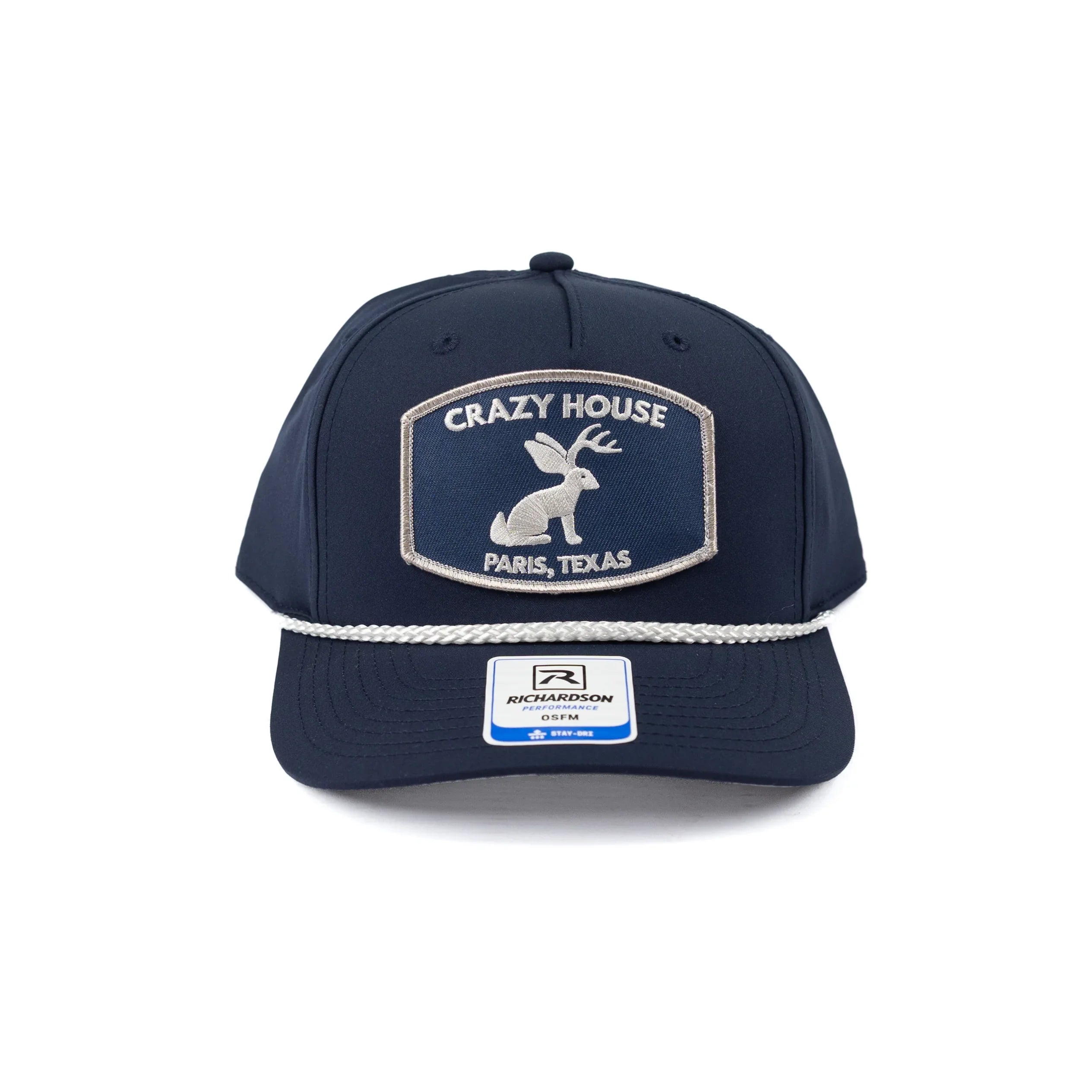 Crazy House Navy Cap with Jackalope Patch and White Rope