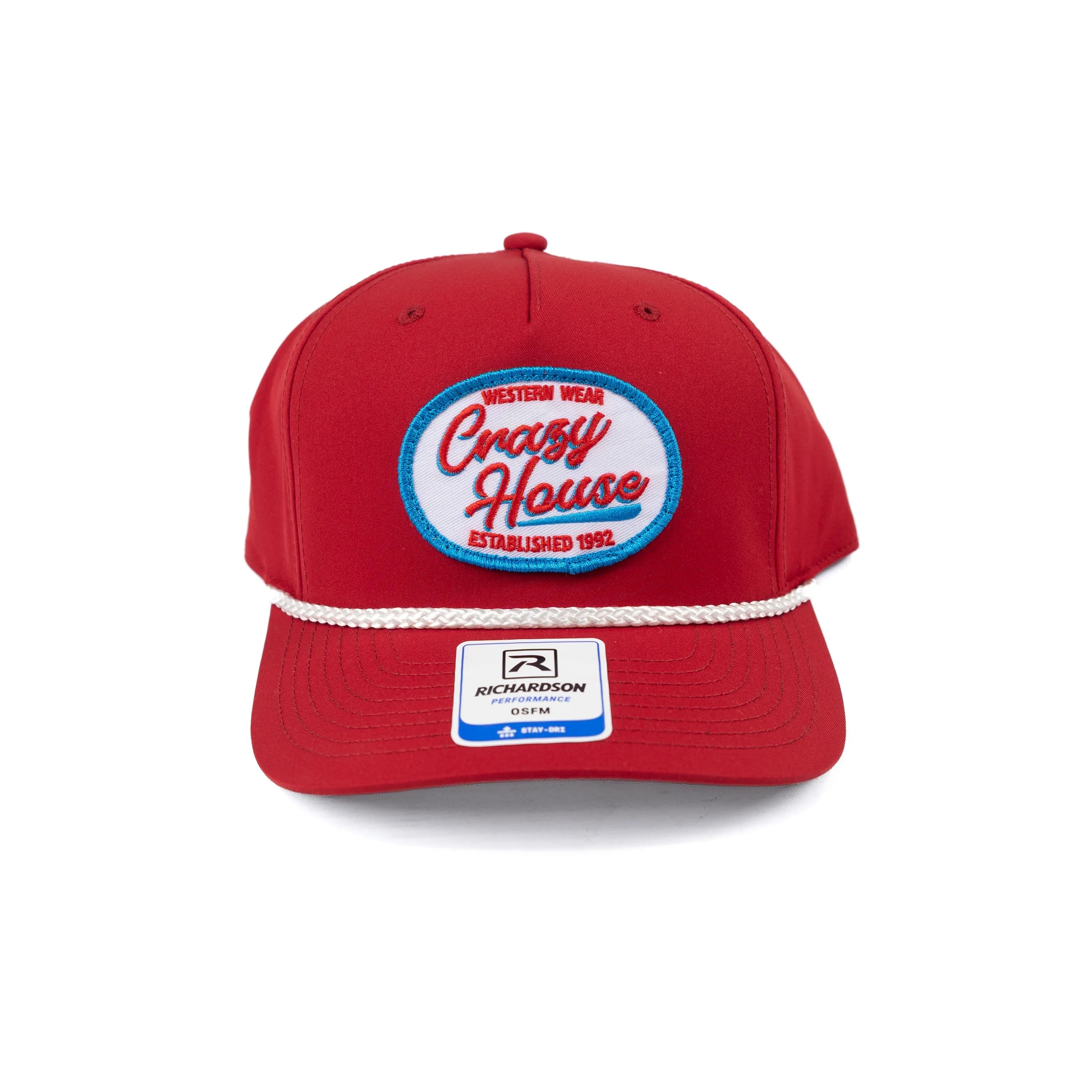Crazy House Red Snapback Cap with Vintage Circle Patch and Rope