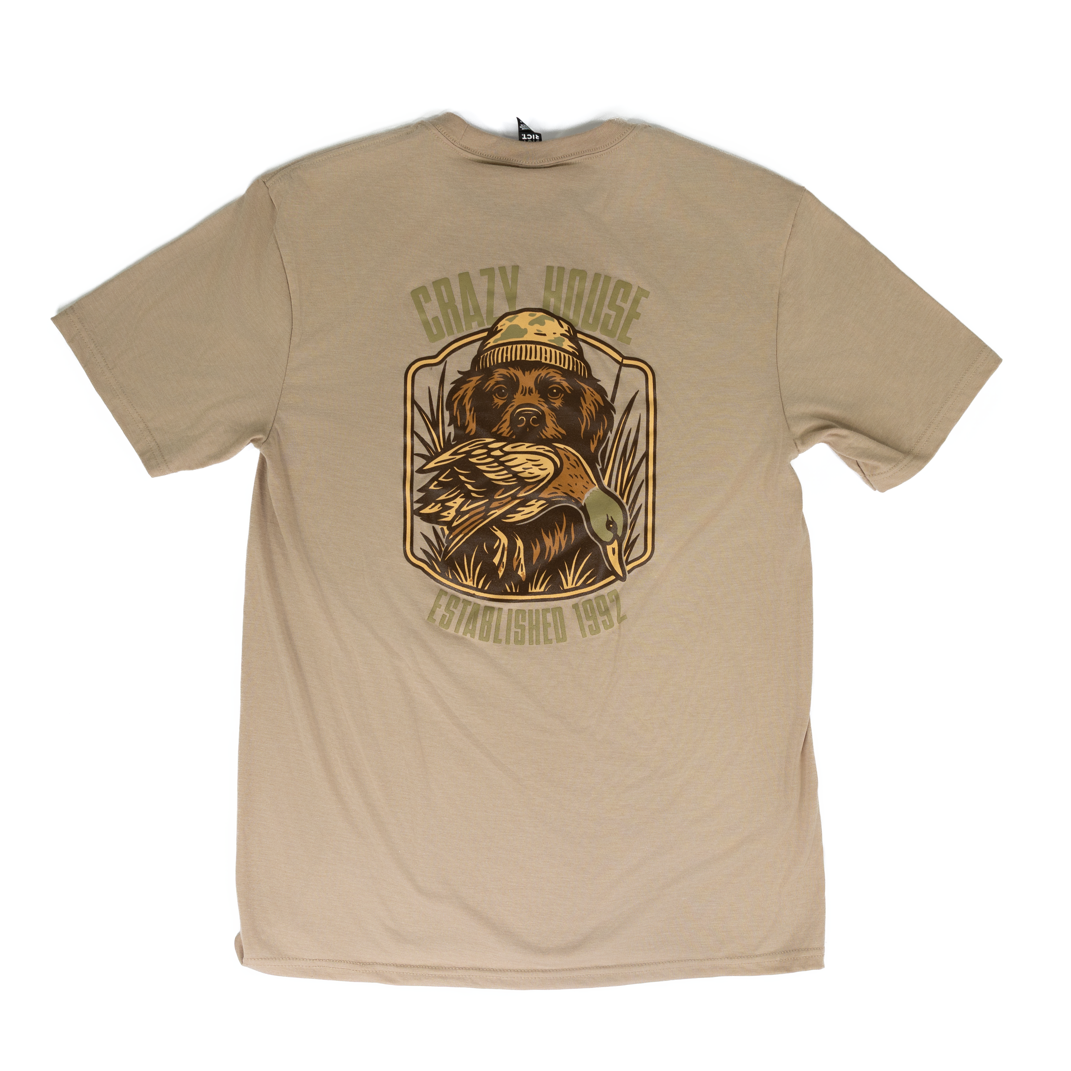 Crazy House Tan T-shirt with Dog and Duck