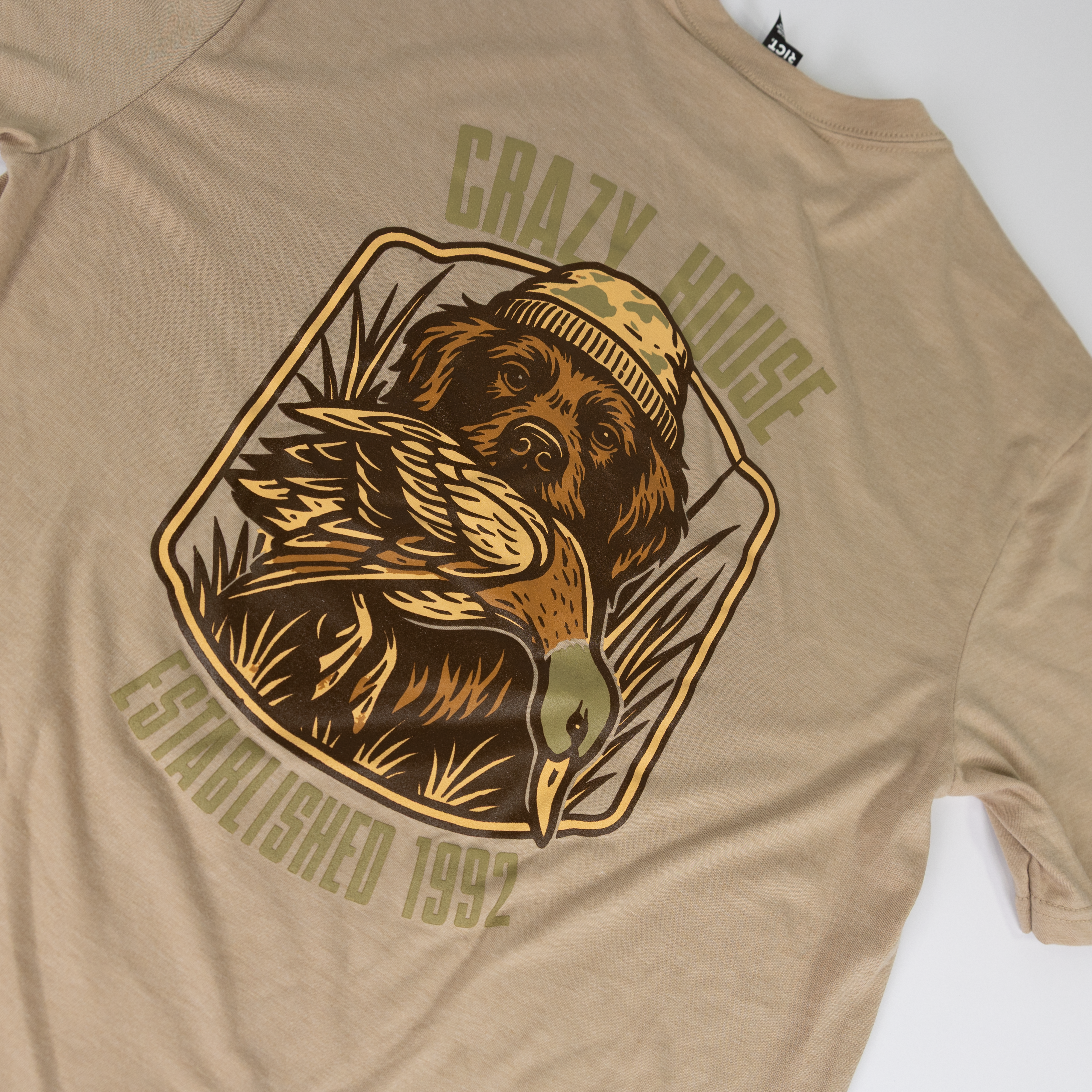 Crazy House Tan T-shirt with Dog and Duck