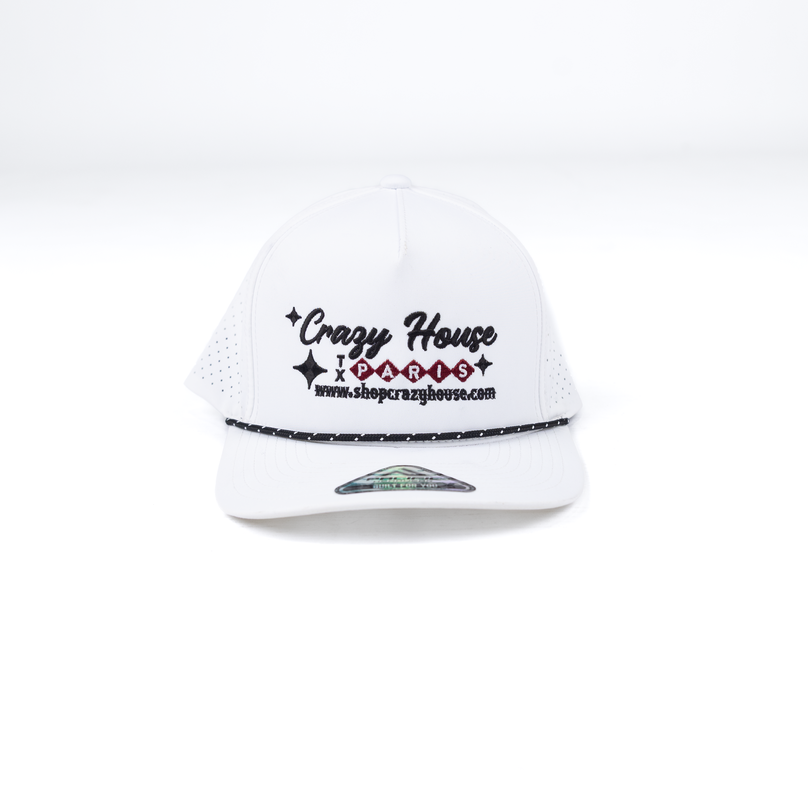 Crazy House White Cap with Black and Red Stitching
