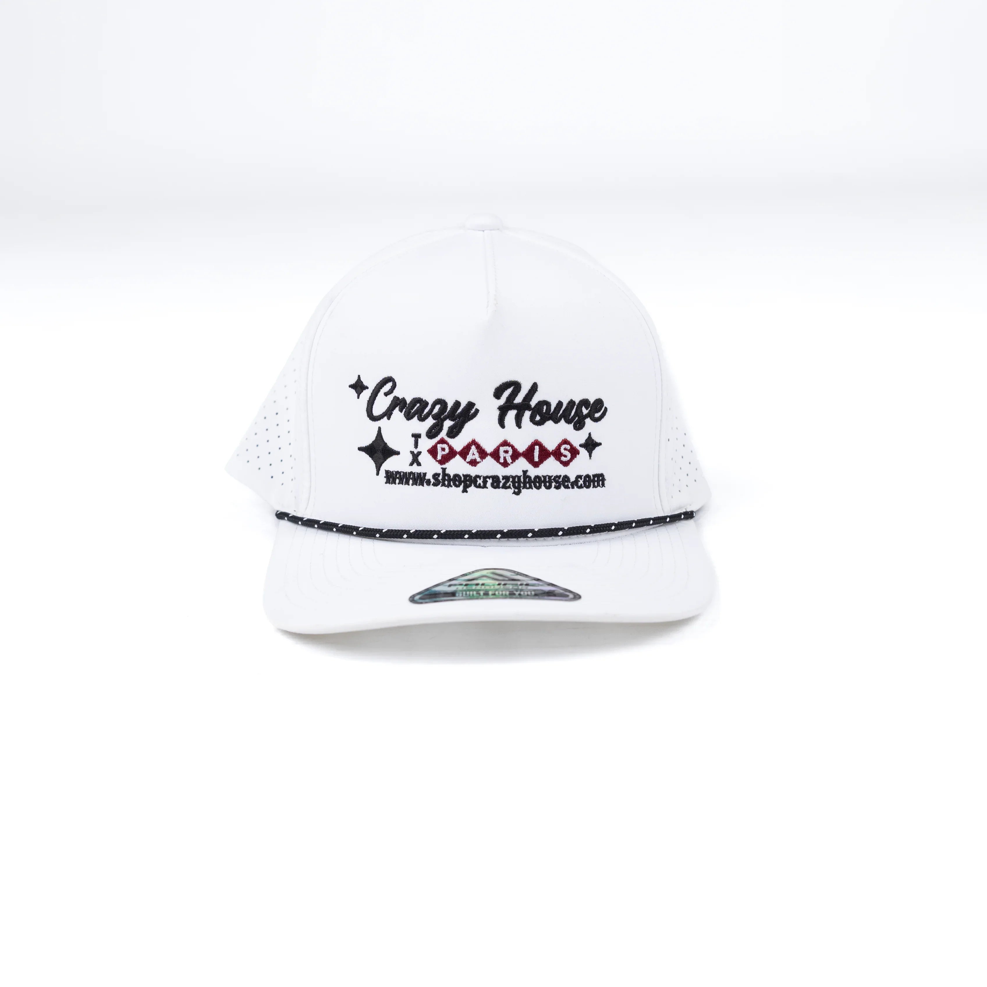 Crazy House White Cap with Black and Red Stitching