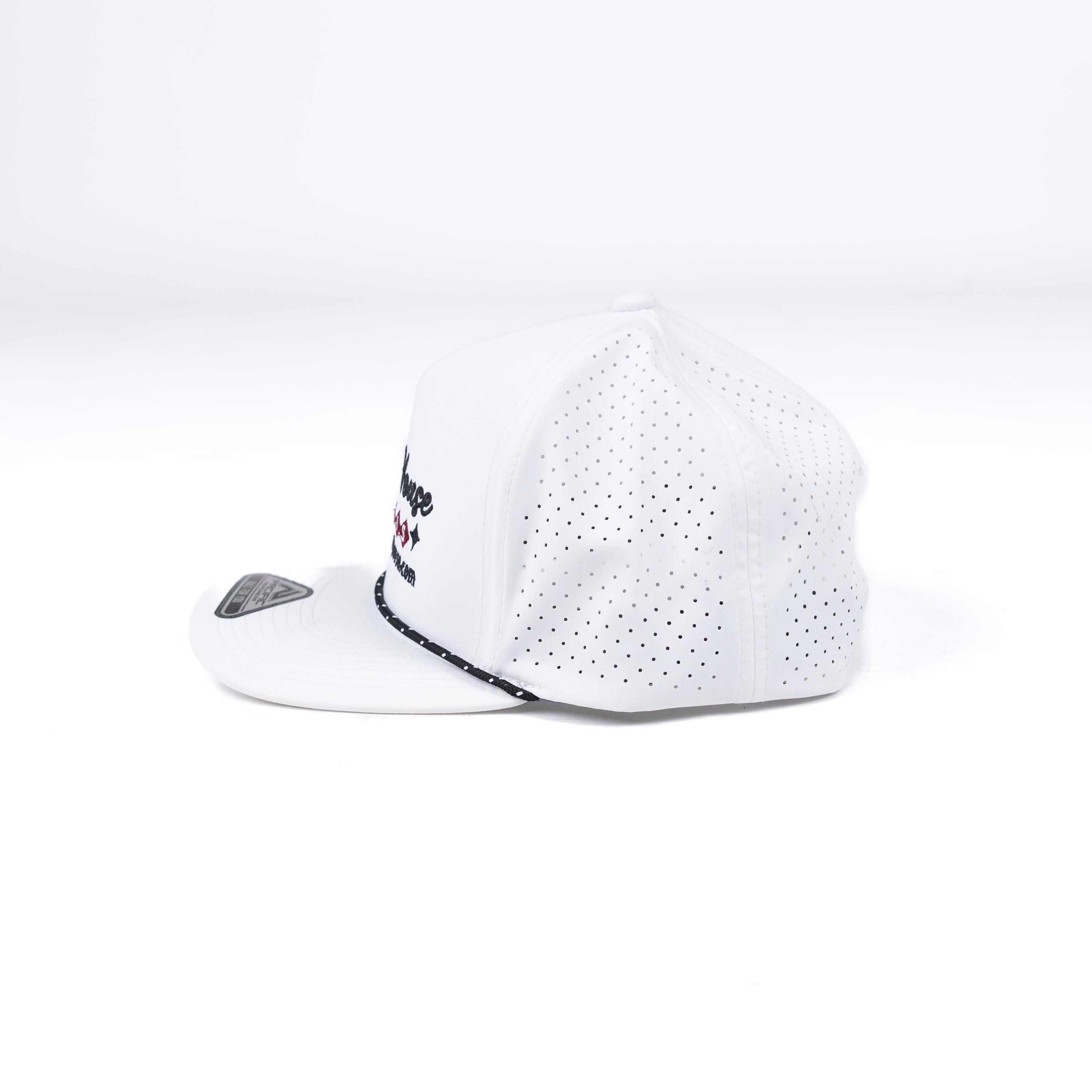 Crazy House White Cap with Black and Red Stitching
