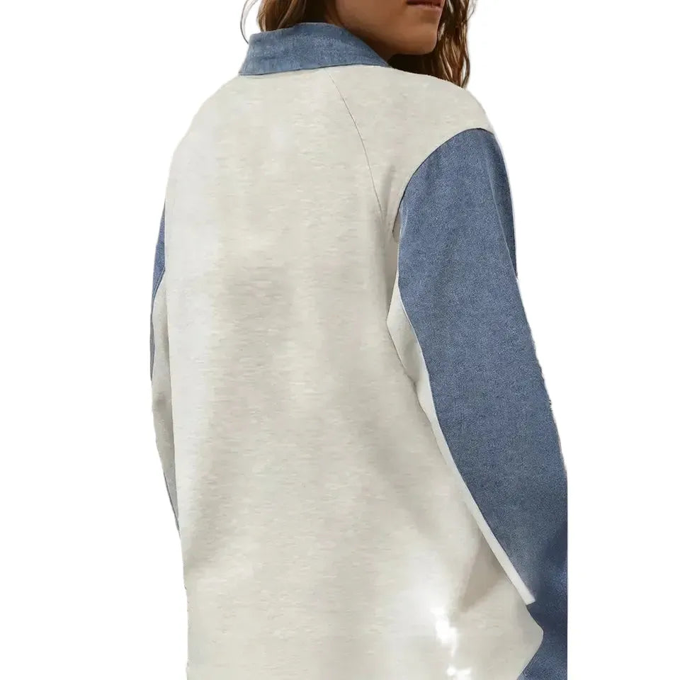 Women's Gray and Denim Block Long Sleeve Polo