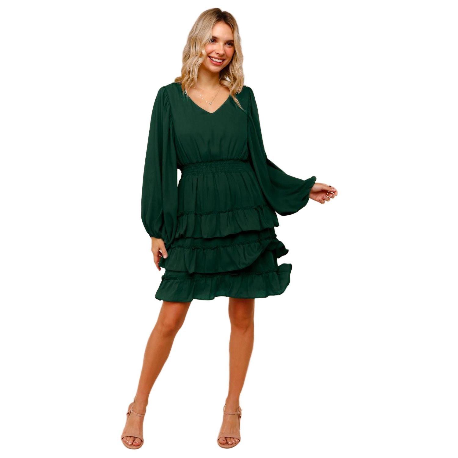 Women's Solid Tiered Ruffle Midi Woven Dress HCD7207A