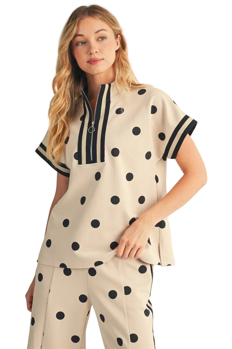 Jodifl Women's Oatmeal Front Zip Up Polka Dot Casual Top