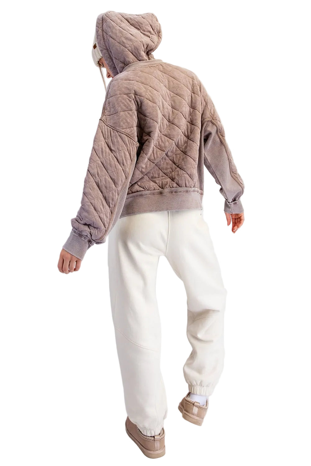 Rae Mode Women's Mocha Mineral Washed Quilt Quarter Zip Hoodie