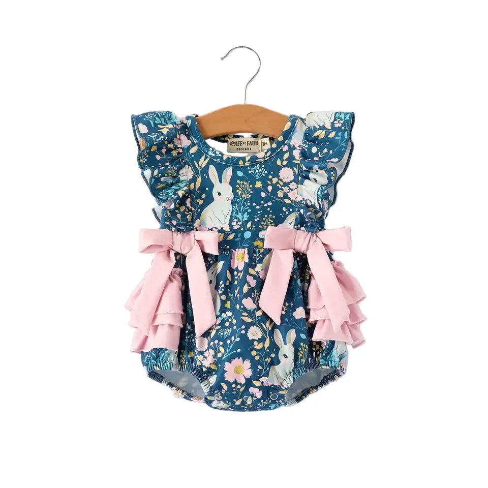 Girl's Teal Easter Bunny Garden Ruffle Sleeve Romper
