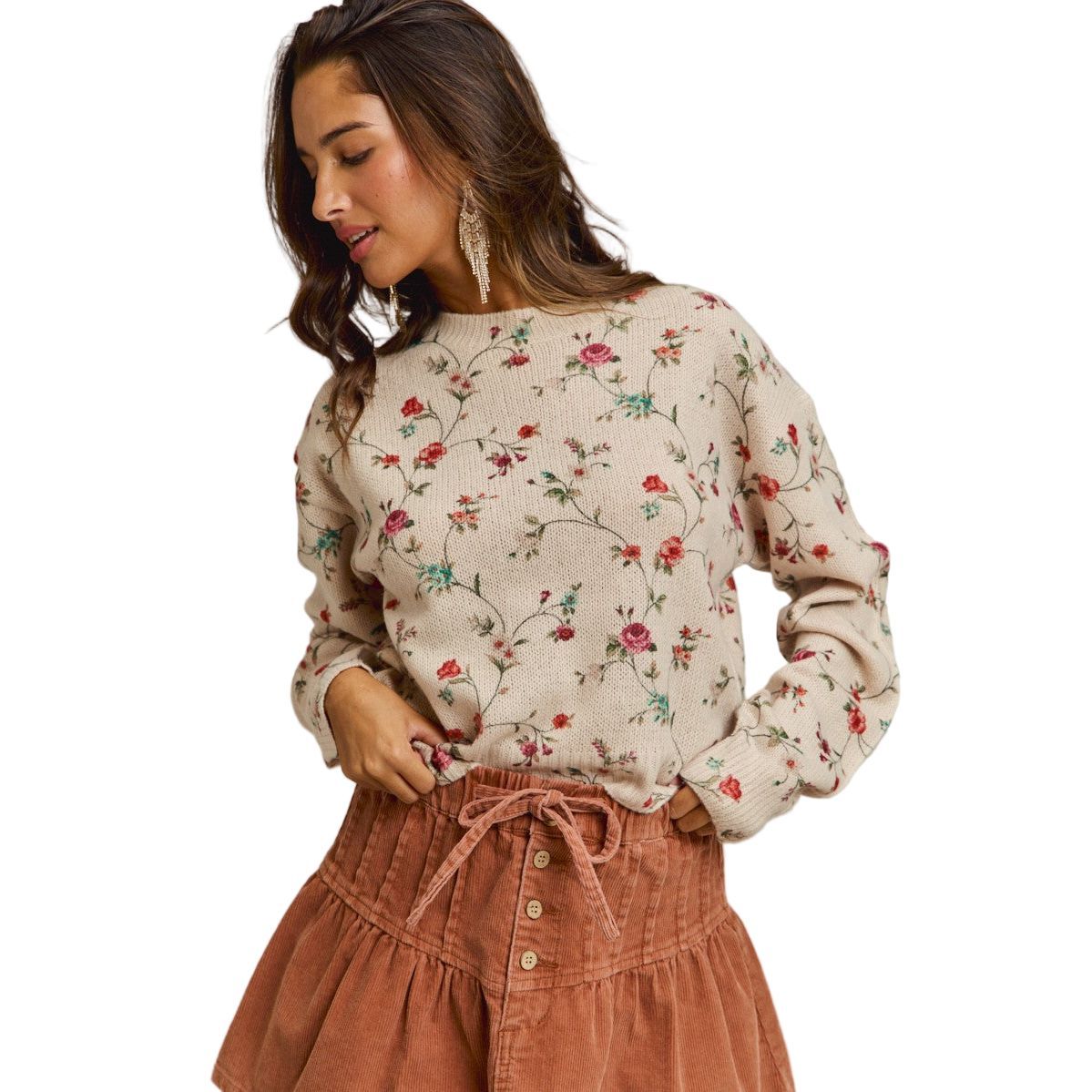 Women's Floral Print Crewneck Sweater Knit Top ST3678F-01