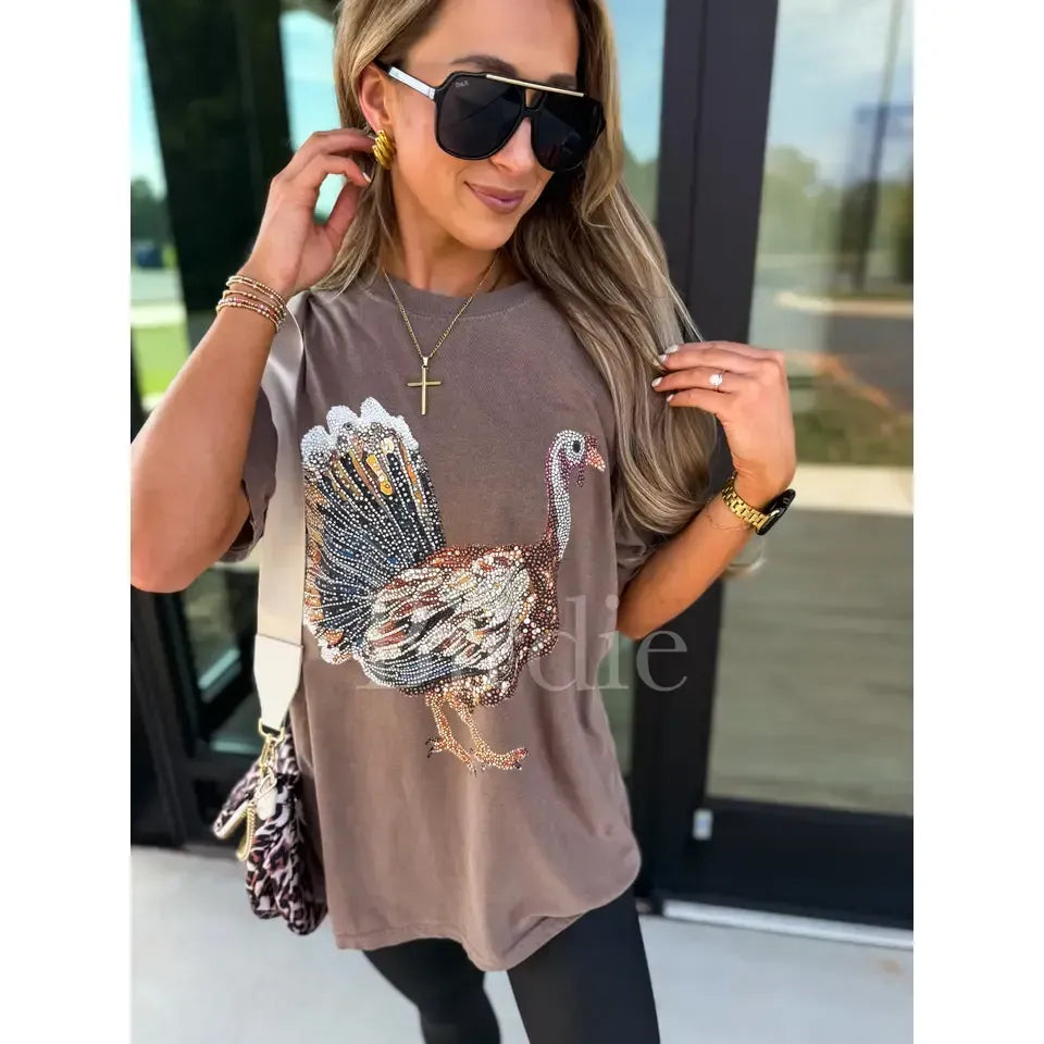 Women's Espresso Brown Short Sleeve Turkey Printed T-shirt