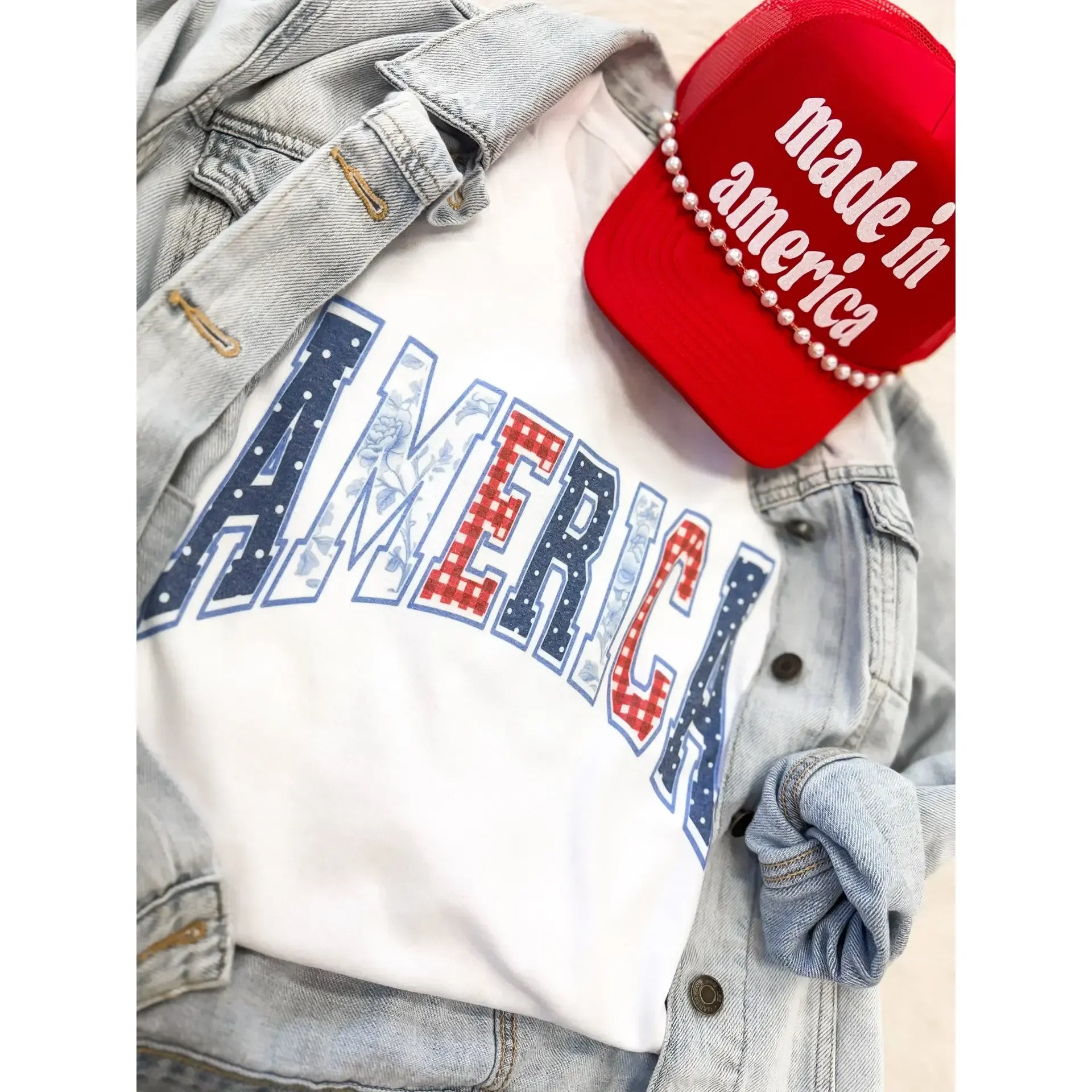 Women's White Short Sleeve "American" Gingham Print T-shirt