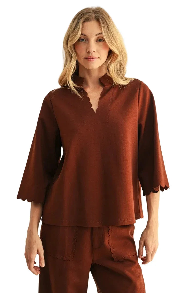 Jodifl Women's Brown Scallop Edge Detail Solid Top